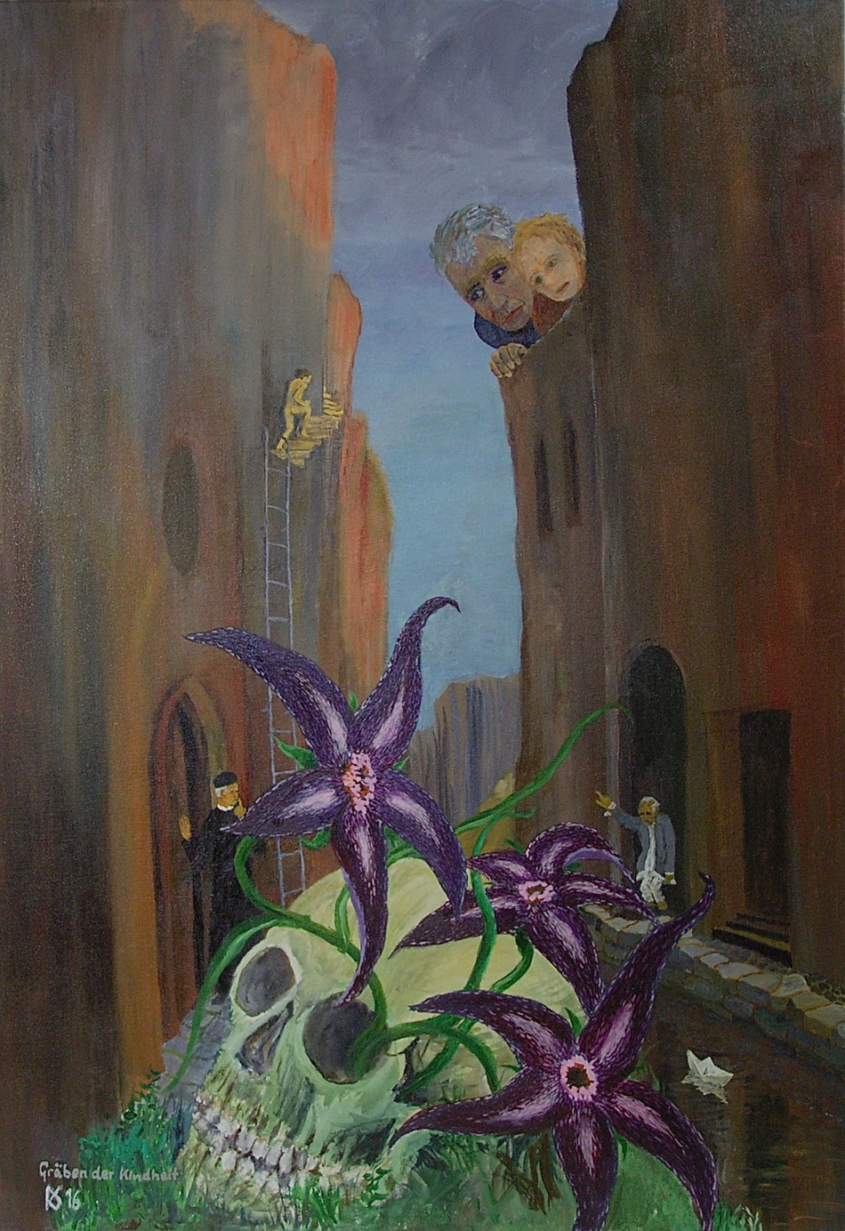 "Gräben der Kindheit", 2016, Acryl/Lw., 100 x 70 cm, 1090.- €"Kein Wolf tanzt für Touristen", 2009, Öl/Lw., 80 x 40 cm