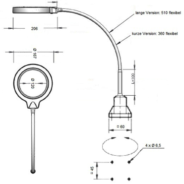 Technische Zeichnung LED Flexarm Lupenleuchte RLL FLEX