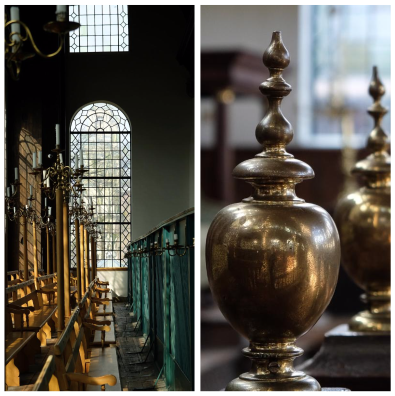 Der Innenbereich der Portugiesischen Synagoge mit Bänken und Kerzenständern