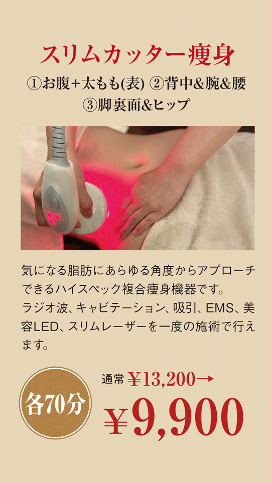 スリムカッター痩身(各70分) ①お腹＋太もも(表) ②背中&腕&腰 ③脚裏面&ヒップ | 気になる脂肪にあらゆる角度からアプローチできるハイスペック複合痩身機器です。ラジオ波、キャビテーション、吸引、EMS、美容LED、スリムレーザーを一度の施術で行えます。通常￥13,200→￥9,900