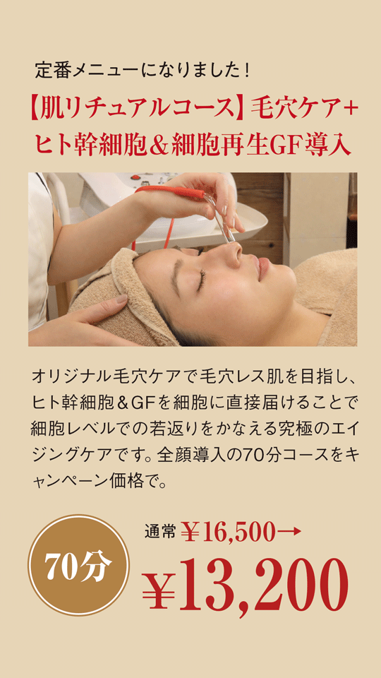 定番メニューになりました！【肌リチュアルコース】毛穴ケア＋ ヒト幹細胞＆細胞再生GF導入（70分）| オリジナル毛穴ケアで毛穴レス肌を目指し、ヒト幹細胞＆GFを細胞に直接届けることで細胞レベルでの若返りをかなえる究極のエイジングケアです。全顔導入の70分コースをキャンペーン価格で。通常￥16,500→￥13,200