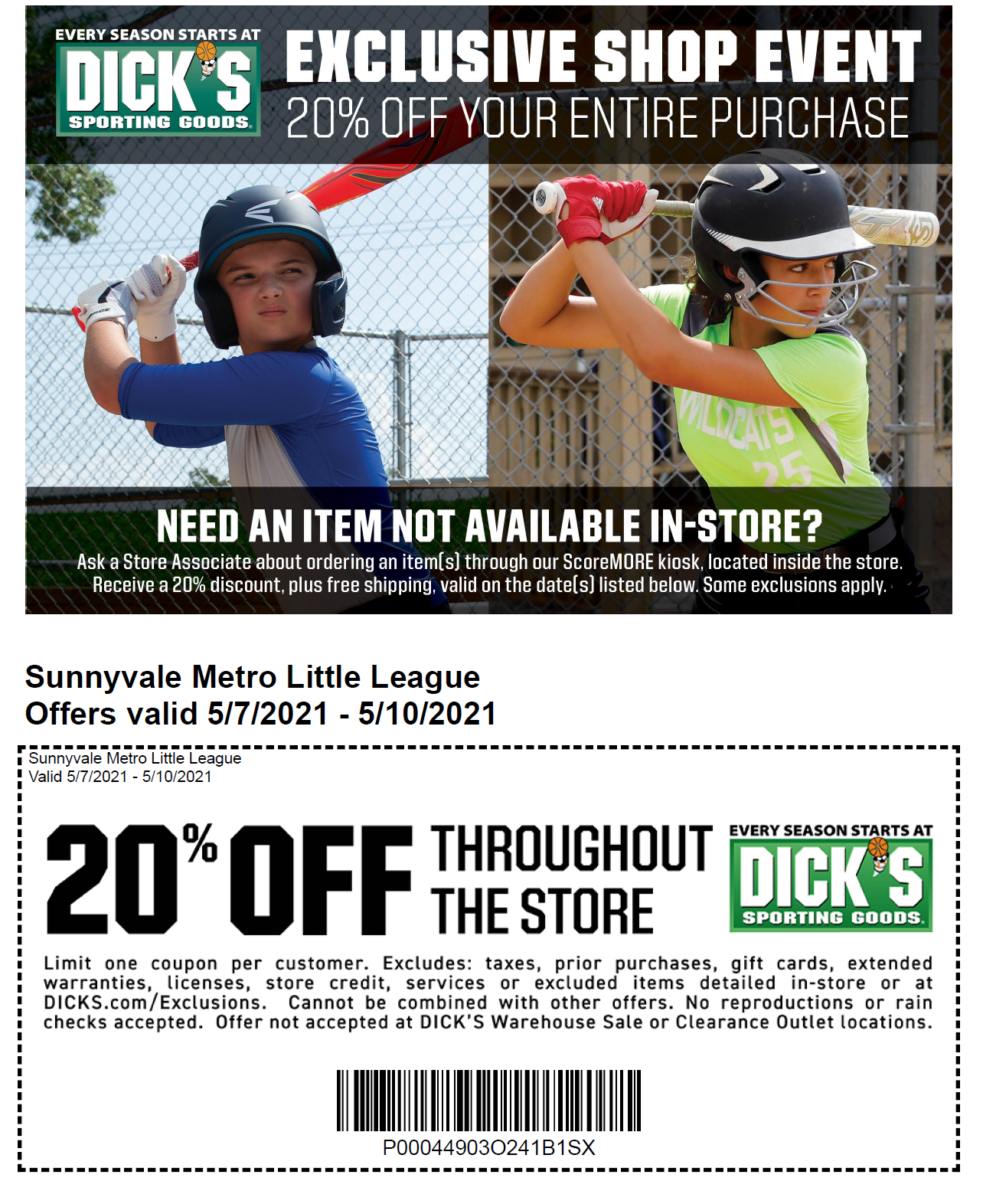 Sunnyvale Metro Little League & Dick's 20% OFF SHOP EVENT ...