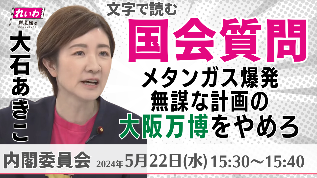 2024年5月22日【大石あきこ・内閣委員会】メタンガス爆発！無謀な計画の大阪万博をやめろ