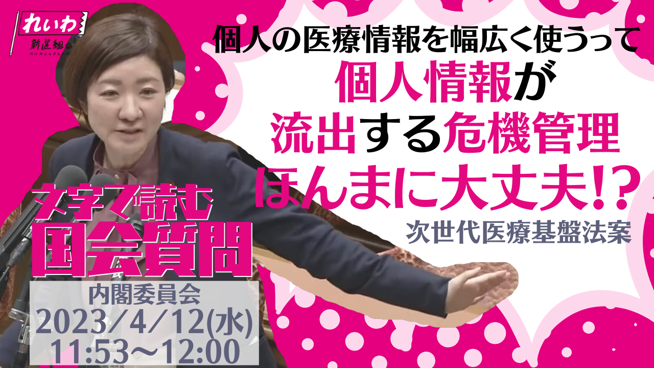 2023年4月12日【内閣委員会】個人情報が流出する危機管理、ほんまに大丈夫？(次世代医療基盤法案改正案)