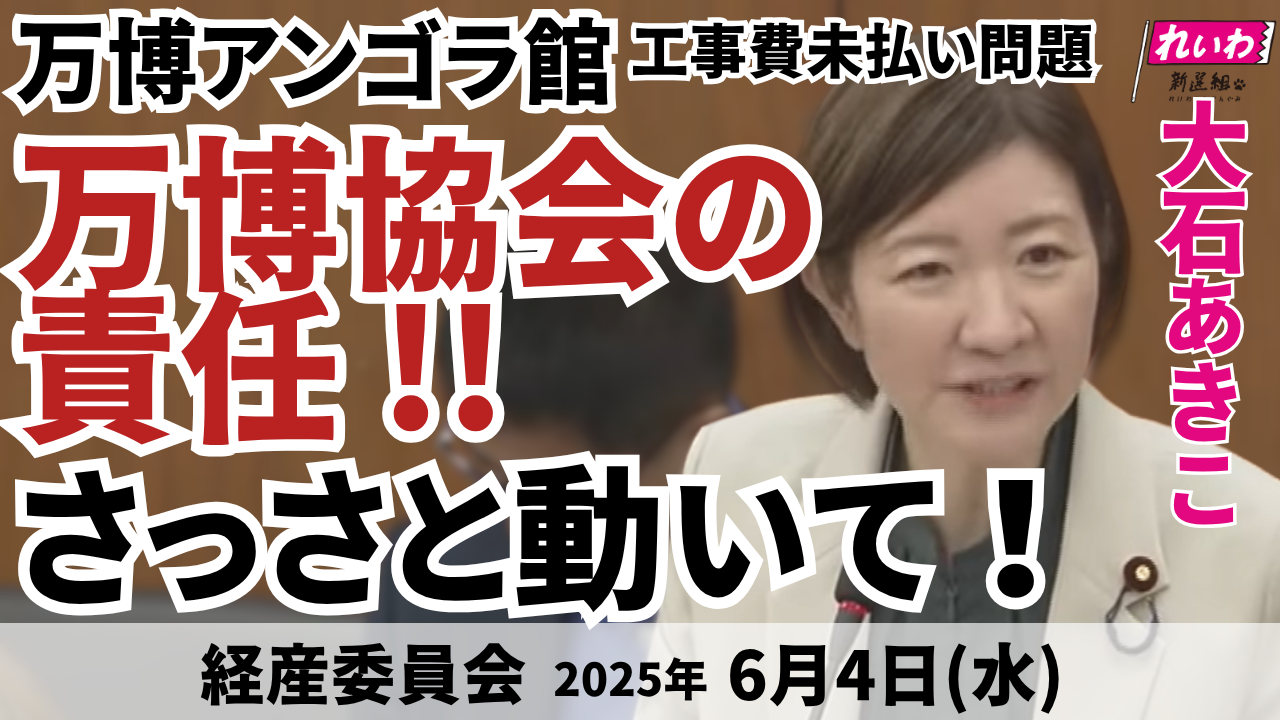 2025年6月4日【大石あきこ・経産委員会】万博協会の責任!！さっさと動いて! 万博アンゴラ館工事費未払い問題