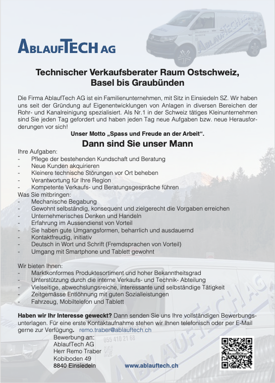 Job Inserat AblaufTech AG 2025 Aussendienst Ostschweiz