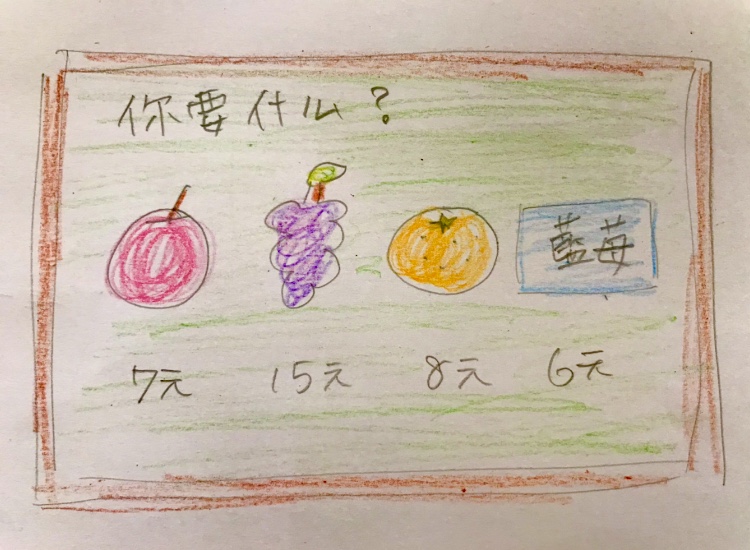 りんご7元 ぶどう15元 みかん8元 ブルーベリー6元