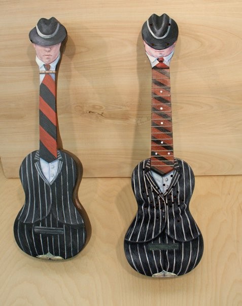 Two tones. Tony Soprano Maquette on left. Acrylic on HDF.  On right, Mahogany collab with Earnest Instruments.   