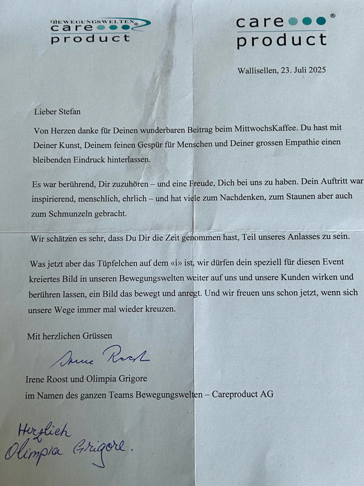 Danke! Bewegungswelten/Careproduct für die wunderbaren Worte in diesem Brief an mich. Was mich sehr freut. (Danke dass ich ihn - hier zeigen darf). 