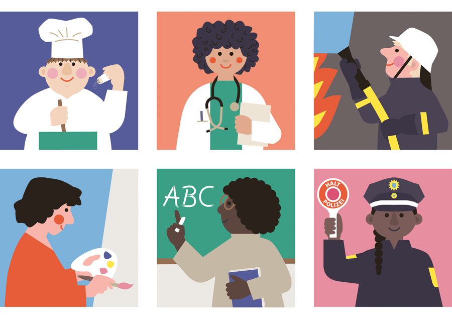 Julia Matzke Illustration Berufe Ärztin Koch Feuerwehrmann Malerin Lehrer Polizistin Character Design Kinderbuchillustration Kinderbuch