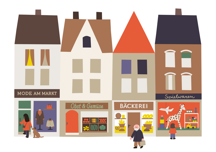 Julia Matzke Illustration Berlin Straße Häuser Kinderbuch Schulbuch Stadt einkaufen Character Design Kinderbuchillustration