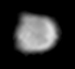 Schwarz-Weiß-Aufnahme von Metis am 4. Januar 2000 von der Raumsonde Galileo aus einer Entfernung von 292.600 Kilometern. Da sie eine gebundene Rotation besitzt zeigt sie Jupiter nur dieses eine Gesicht.