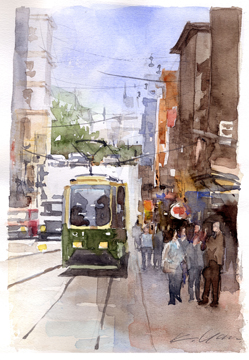 E. Miyazaki 水彩画 水車と風景（【水彩画】水車小屋と小川の