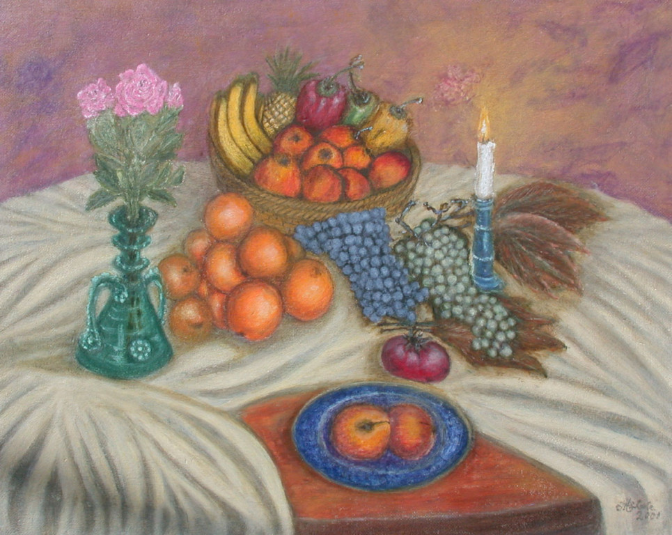 Stil-Leben-Komposition auf Tisch und Tuch *2001 #72x88cm //gerahmt