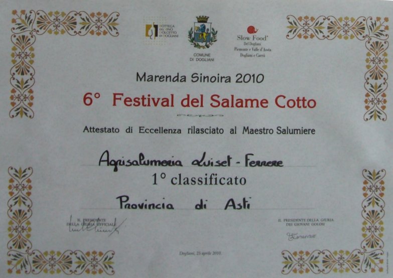 Primo premio al Salame Cotto Luiset a Marenda Sinoira 2010