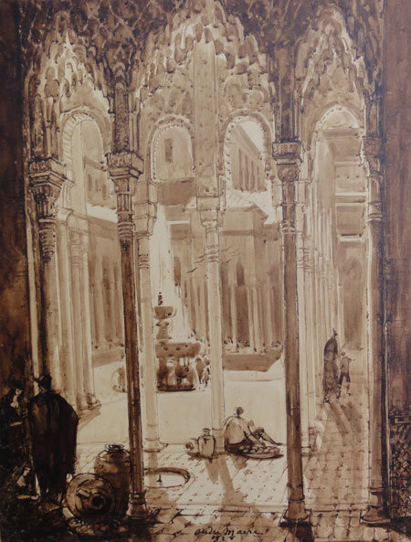 1928. ESPAGNE. " L'ALHAMBRA DE GRENADE", GRAND LAVIS à LA SEPIA   74 x 58cm