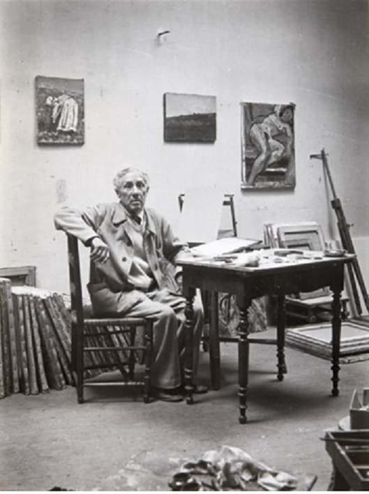 RENE SEYSSAUD (1867 + 1952) DANS SON ATELIER vers 1950 . Photo MARCEL COEN