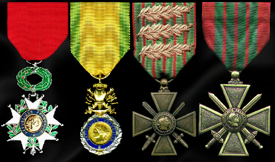 Chevalier de la Légion d''honneur 01/1936, Médaille Militaire 09/09/1918, .......... Croix de guerre 1914-18, 3 Palmes et 2 étoiles de bronze, Croix de guerre 1939-45