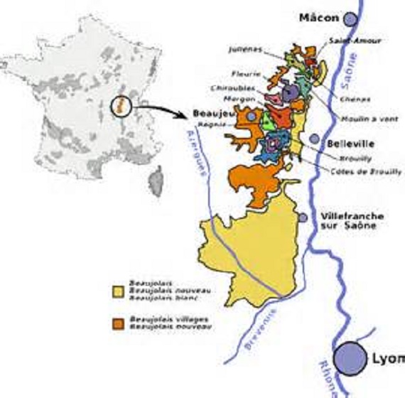 Carte des appellations du beaujolais.