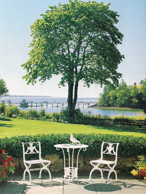 De cette terrasse le bleu du ciel et de la mer et le vert du parc se rejoignent.