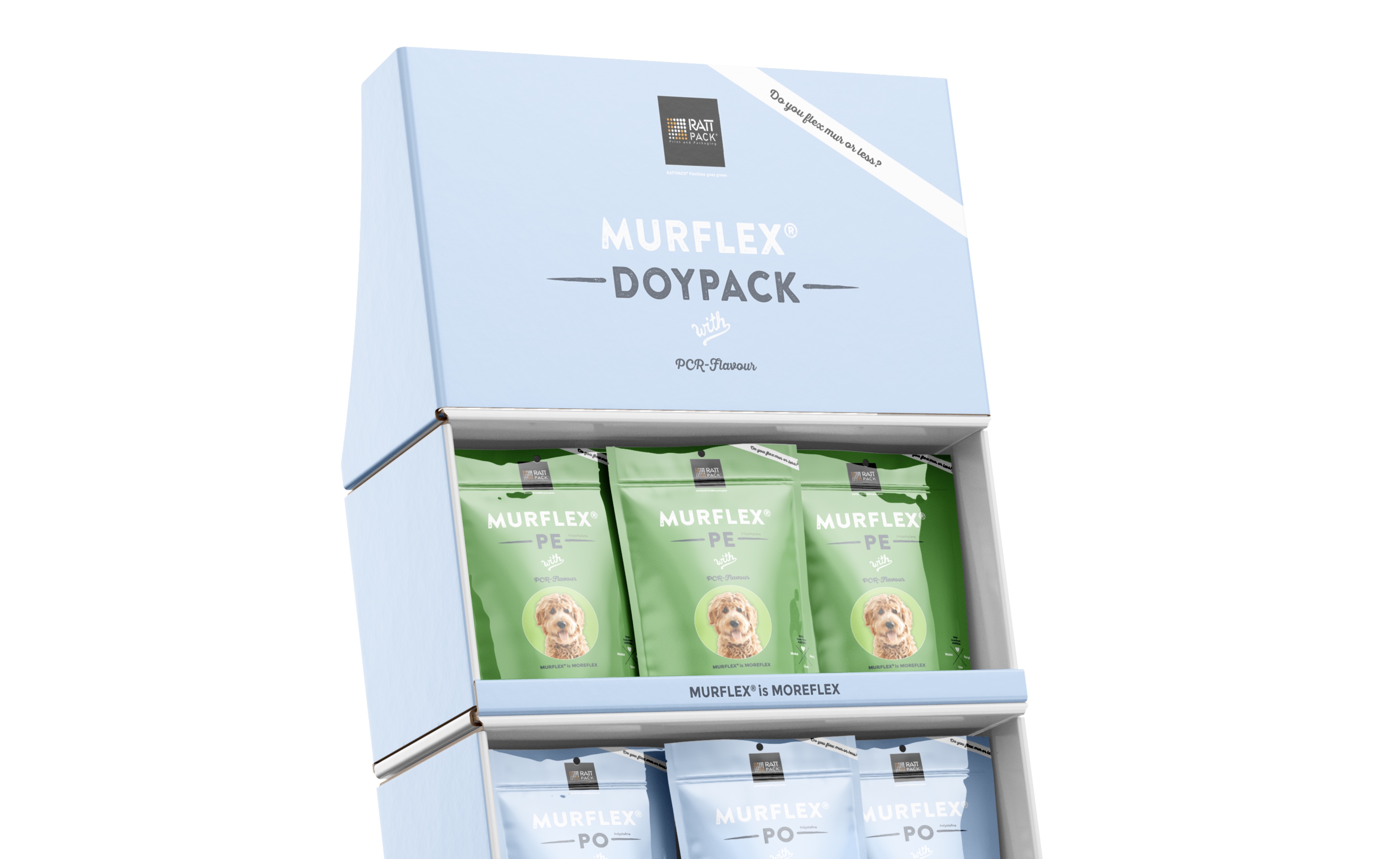 Display made of corrugated board, single and double for Doypacks - Floor display - Manufacturer POS Display. Attractive advertising & sales displays made of corrugated board: Whether pallet, shelf, counter or floor displays. RATTPACK® POS manufacturer