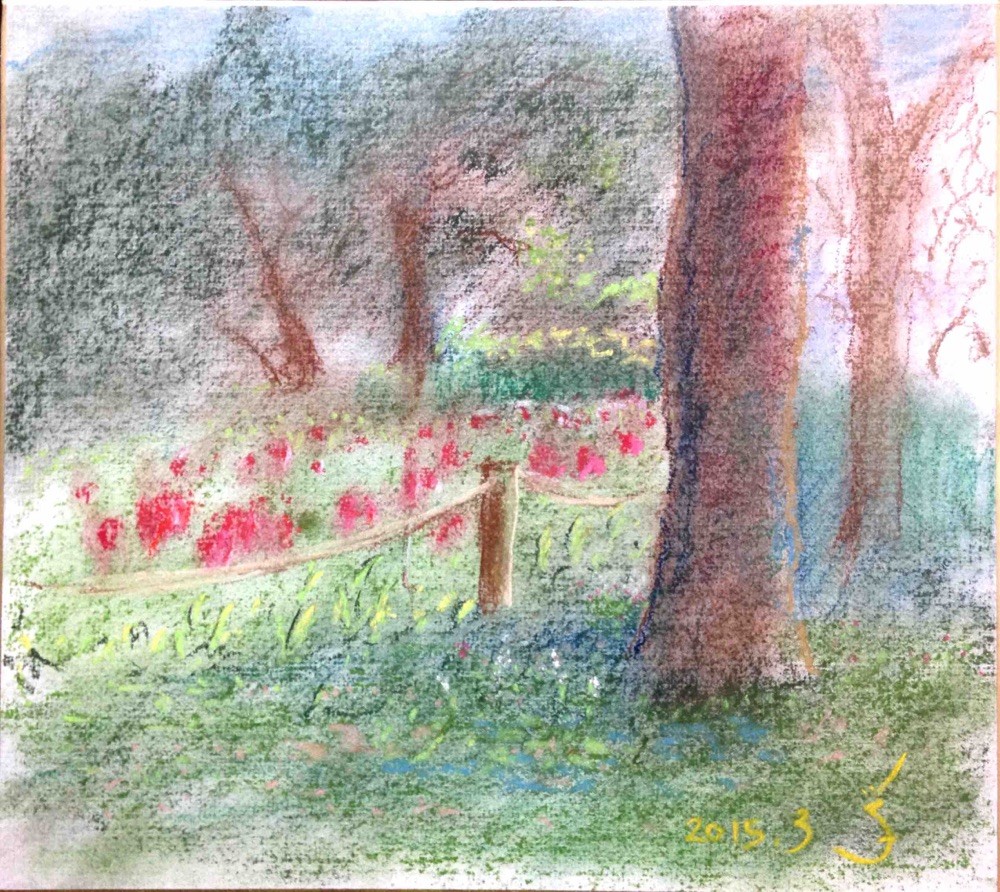 「花のある風景 木曽三川公園 041」色紙(和紙)にパステル