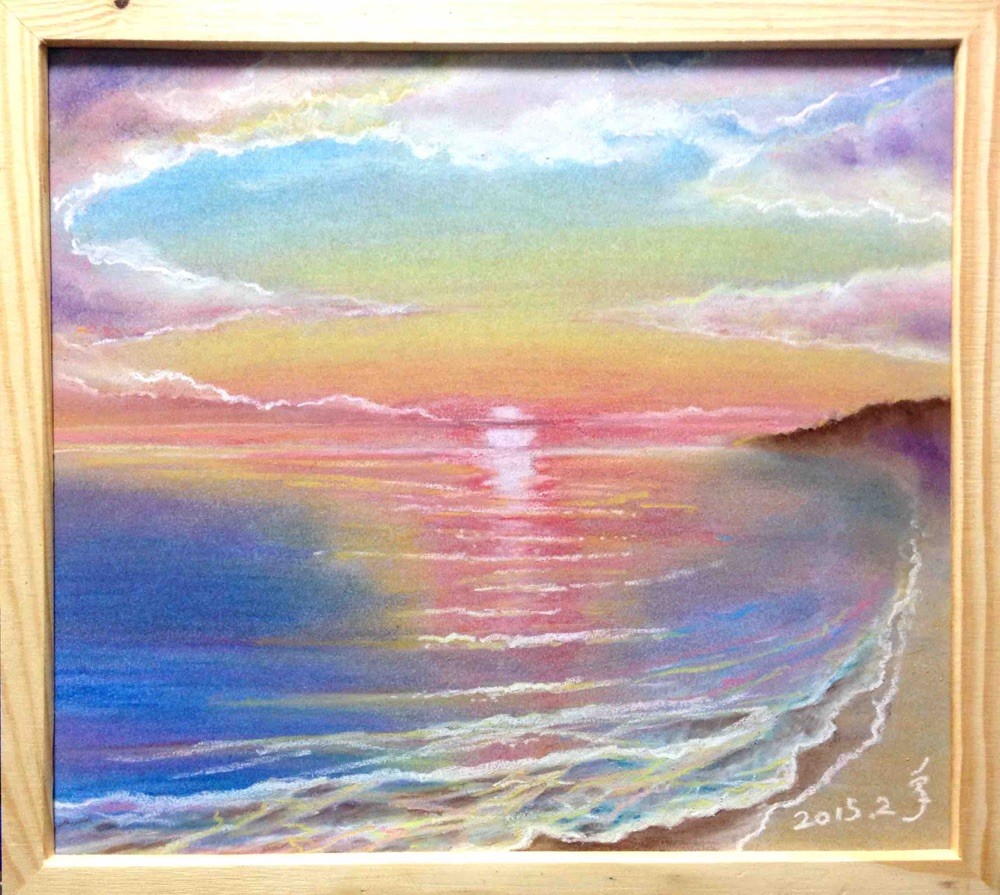 「夕陽と海 038」水彩紙にパステル