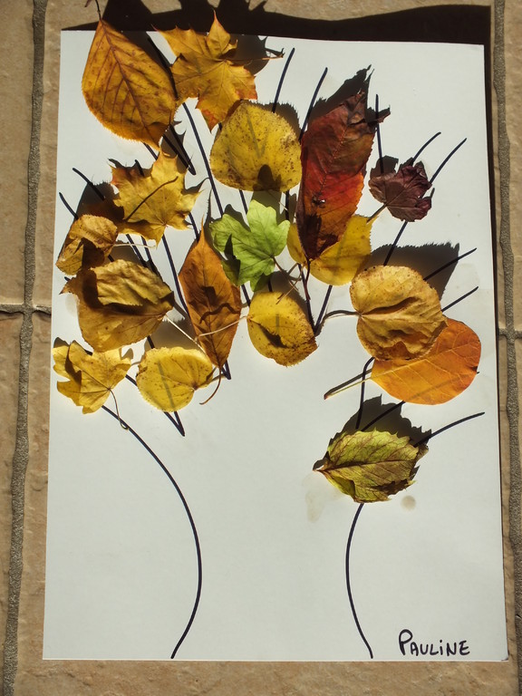 feuilles sèches collées sur dessin de tronc d'arbre