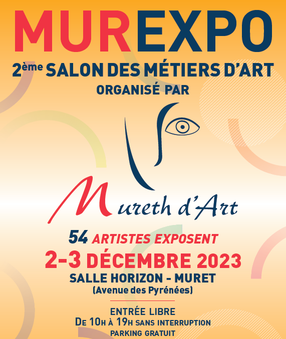 Affiche du salon murexpo 2023, il s'agit de la deuxième édition de cette manifestation, qui aura lieu les 2 et 3 décembre 2023 à Muret, dans la salle Horizon. L'entrée est libre.