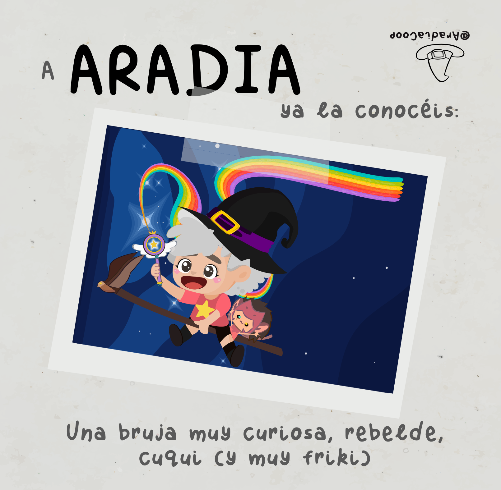 Aradia vuela en el báculo de Eda, con la camiseta de Steven, lleva en la mano la varita de Star y una mini Catra det´ras