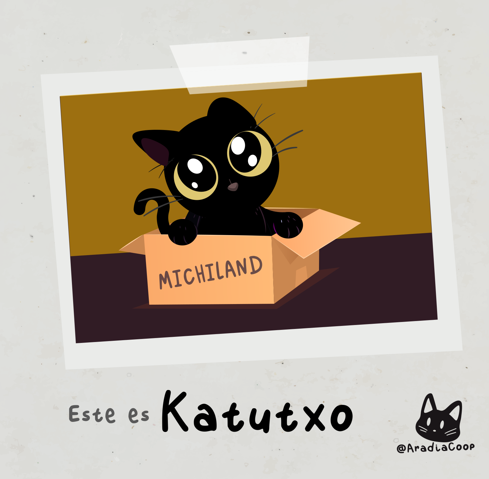 Una polaroid de un gato negro metido en una caja de cartón que pone "Katutxo".