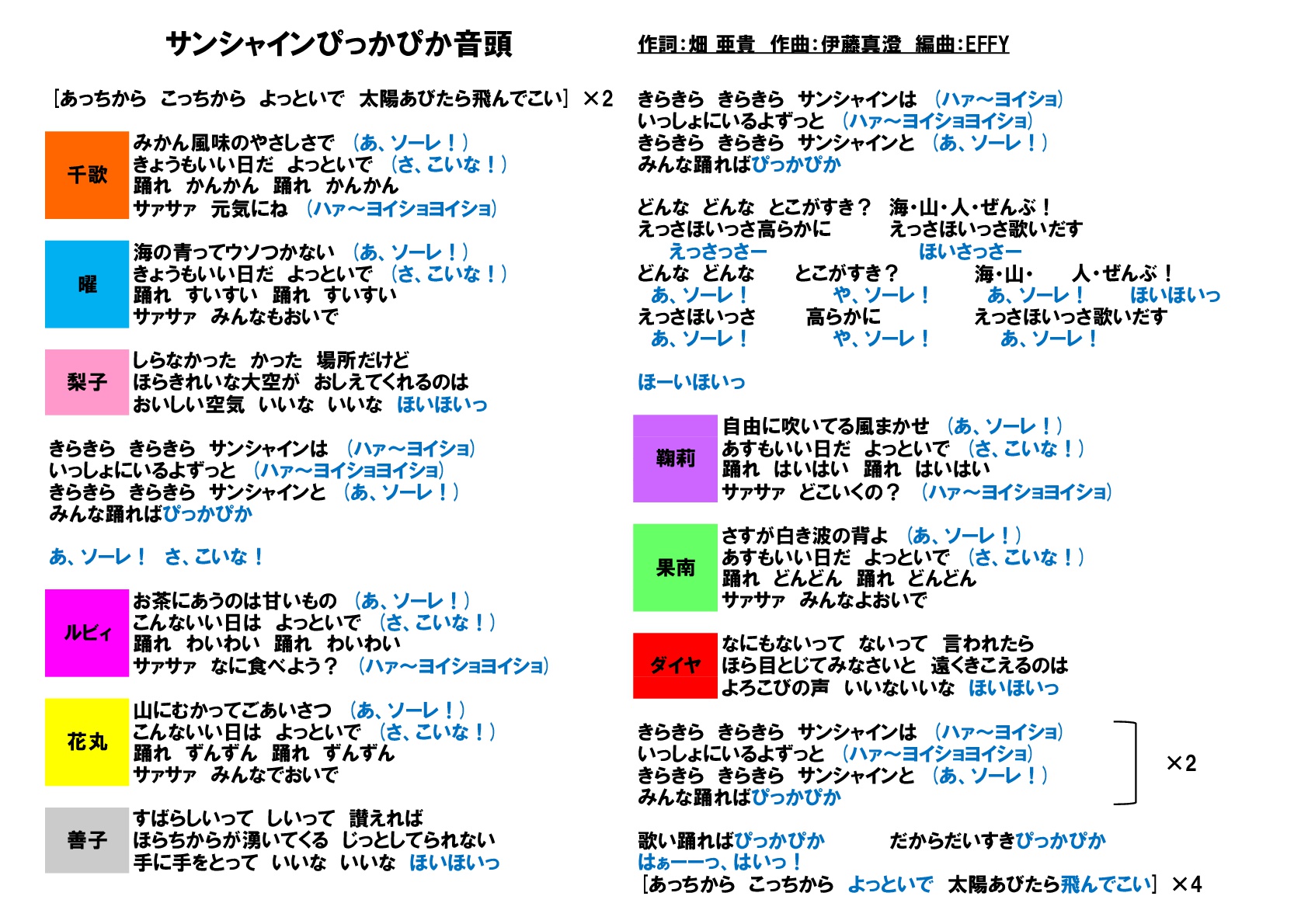 サンシャインぴっかぴか音頭 Aqours Saint Snow コール表 Unofficial サンシャインぴっかぴか音頭 Aqours Saint Snow コール表 Unofficial