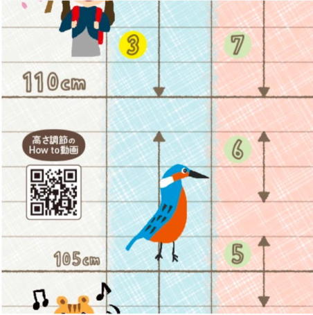 身長目安と椅子の高さレベルを示したイラスト付きガイド。動物や数字で高さ調整を視覚的に楽しく案内している。