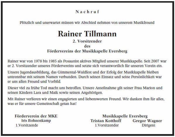 Nachruf Rainer Tillmann (+ 12.09.2015)