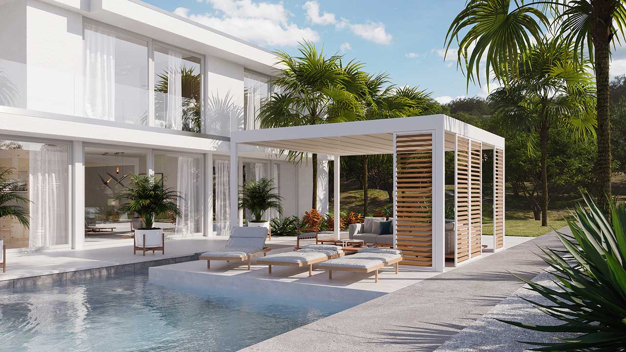 Wunderschöne Pergola mit Flatdach bzw. Planendach direkt neben dem Pool auf der Terrasse