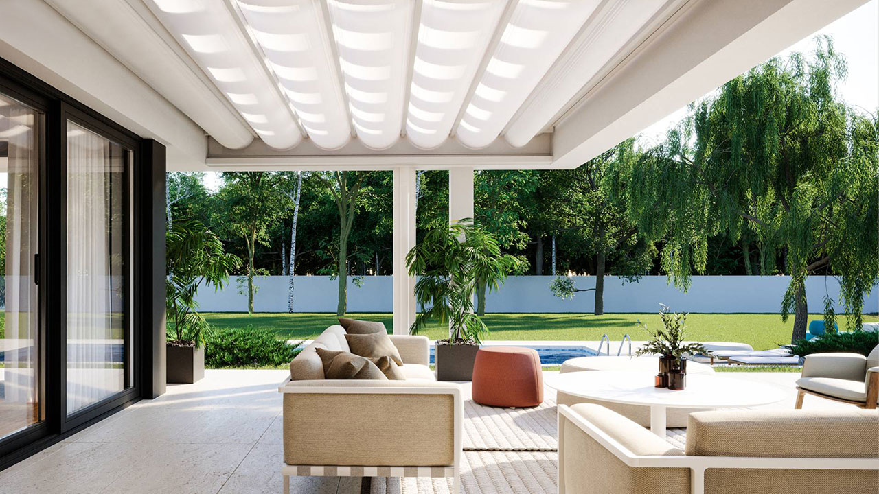 Integrierte Planendach- bzw. Faltdach-Pergola sorgt für eine geniale Beschattung.