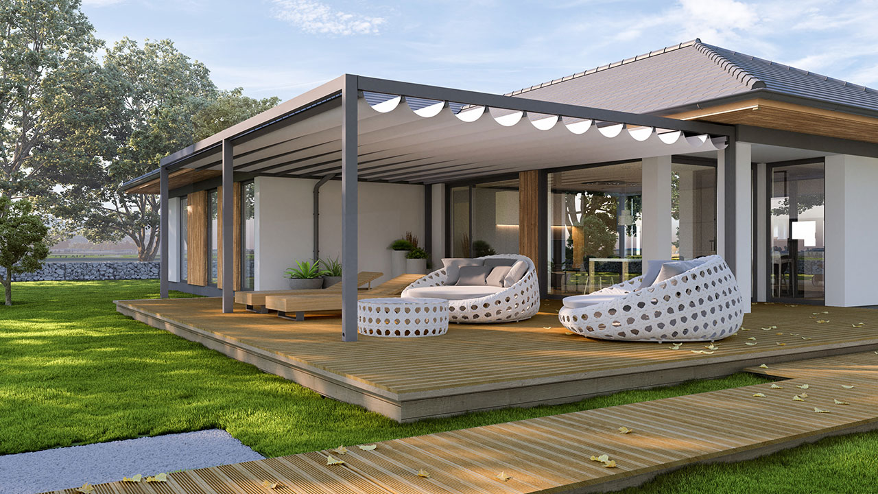 Wandmontierte Planendach- bzw. Faltdach-Pergola auf der Terrasse. 