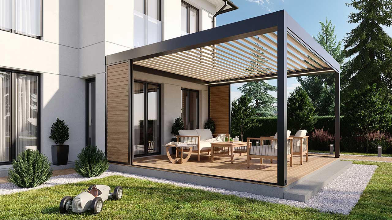 Moderne Lamellendach, Pergola, im Garten, Wohntraum, Terrasse, Überdachung