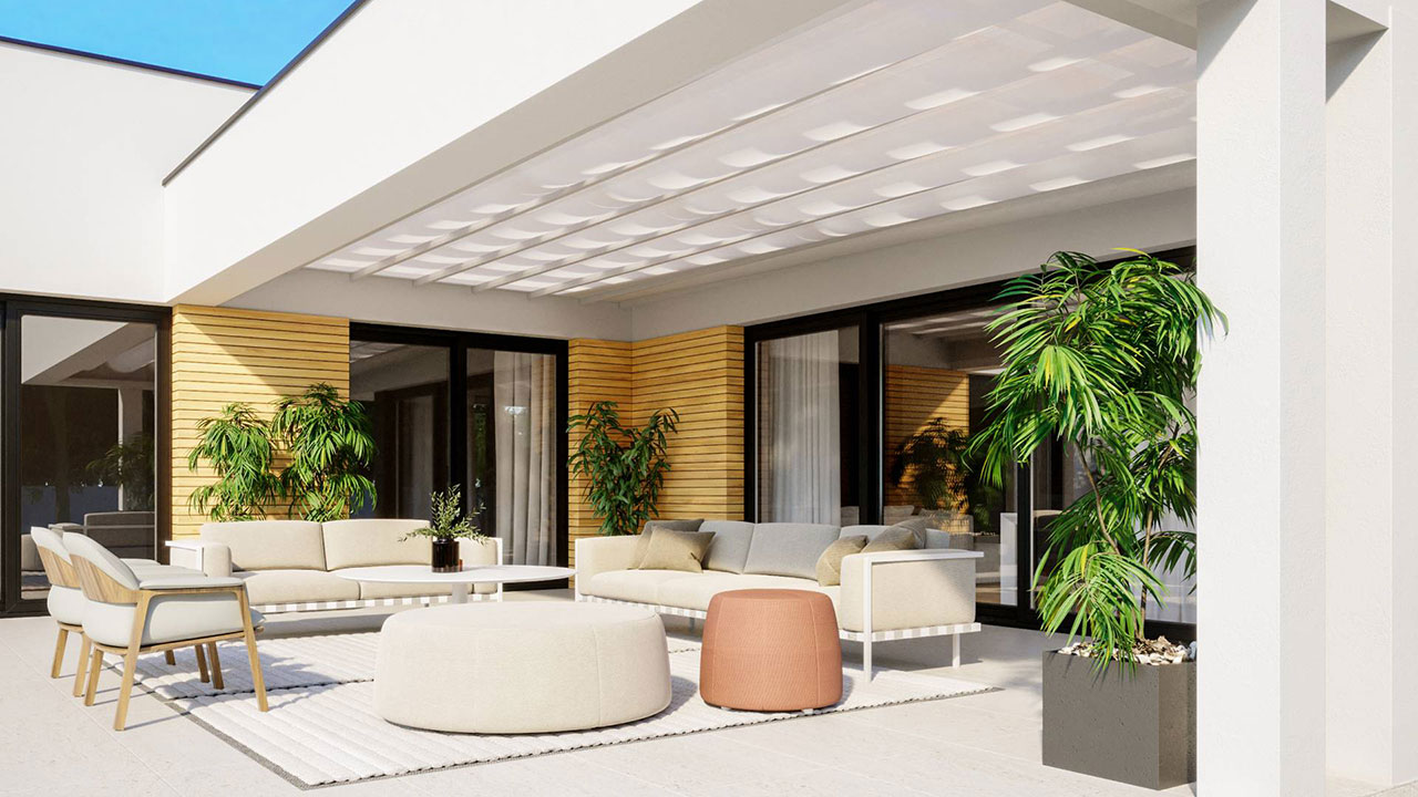Integrierte Planendach- bzw. Faltdach-Pergola sorgt für eine geniale Beschattung.