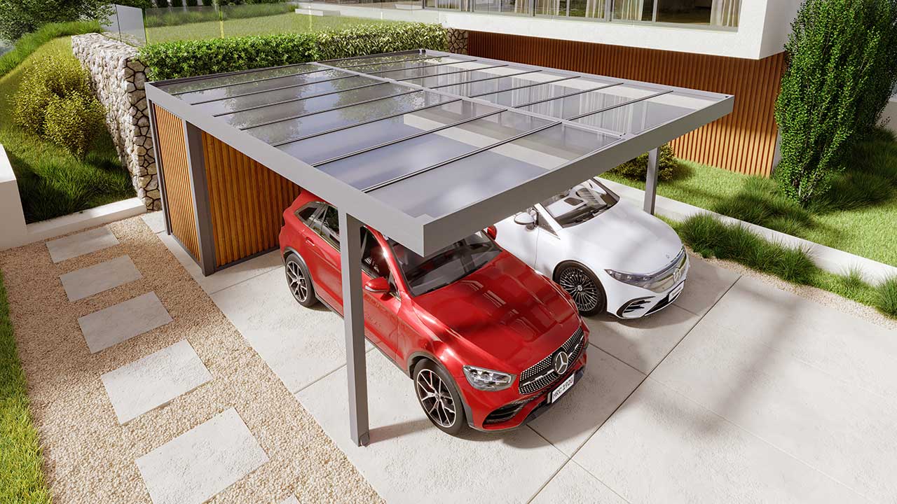 Modernes Carport mit Glasdach und zusätzlichen Abstellraum