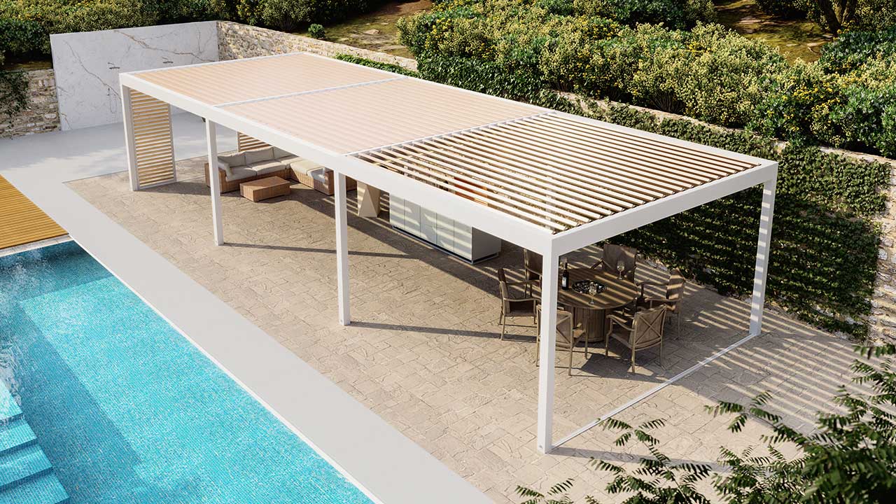 Moderne Lamellendach Pergola am Pool mit schöner Couch und großzügigem Essbereich und einer Gartenküche