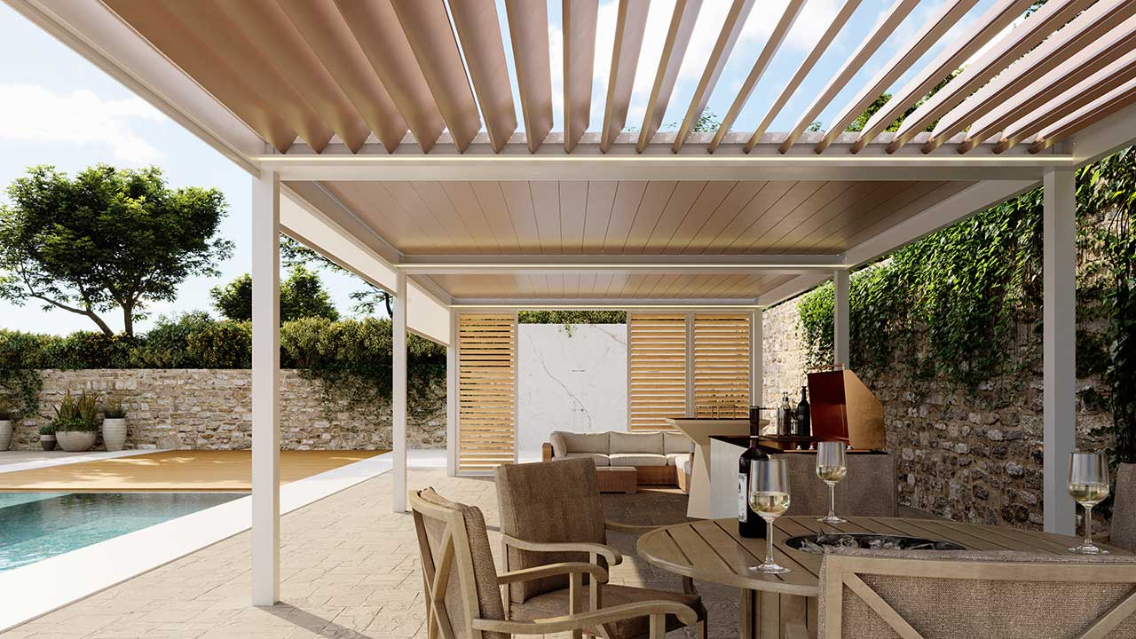 Moderne Lamellendach Pergola, im Garten, Wohntraum, Terrasse, Überdachung
