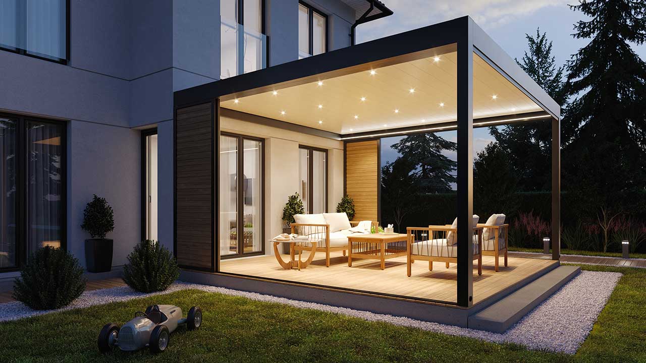 Moderne Lamellendach Pergola, im Garten, Wohntraum, Terrasse, Überdachung