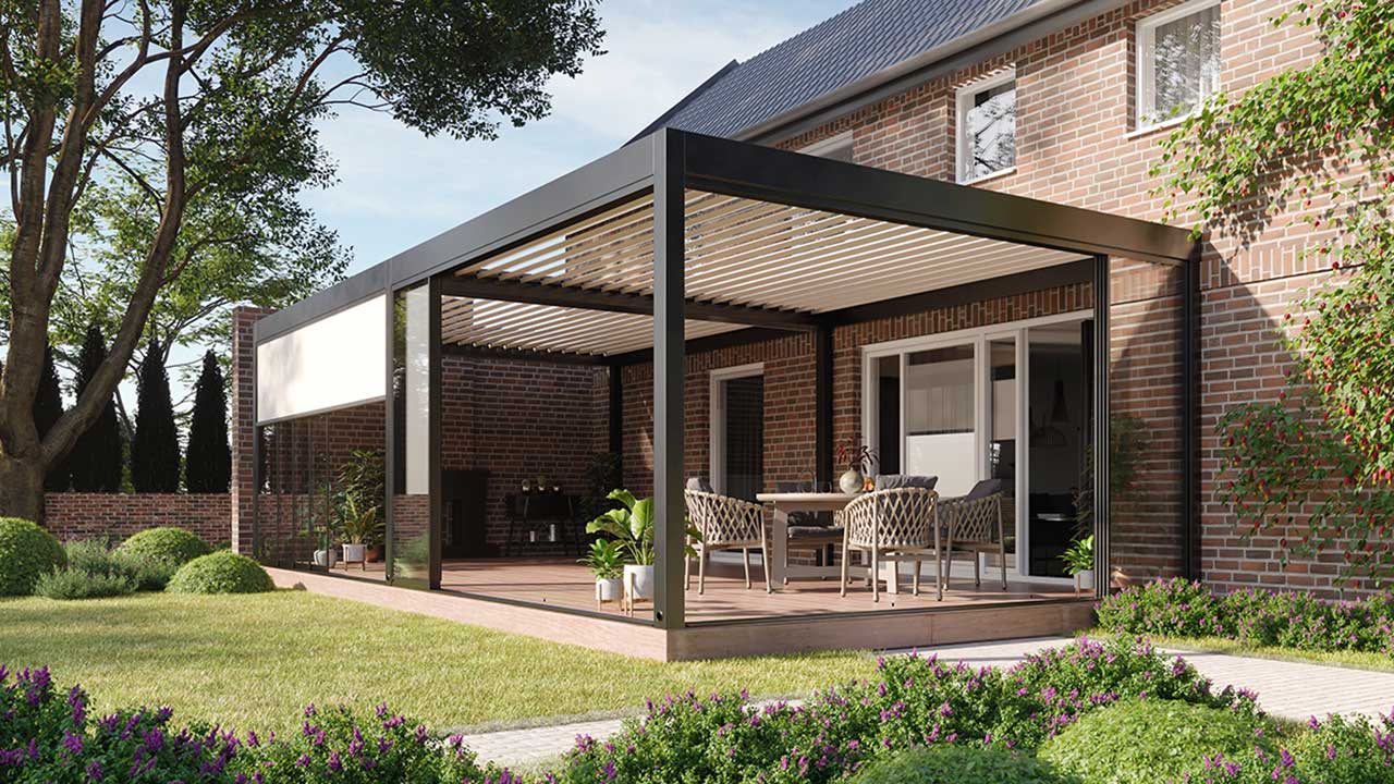 Moderne Lamellendach Pergola, im Garten, Wohntraum, Terrasse, Überdachung