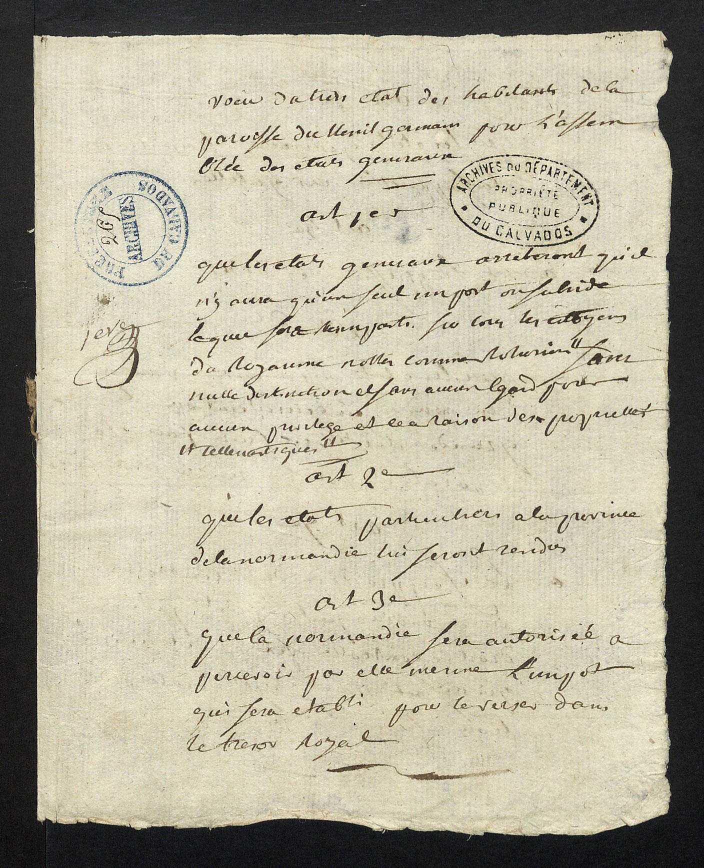 1789 - cahier des doléances de la paroisse du Mesnil-Germain