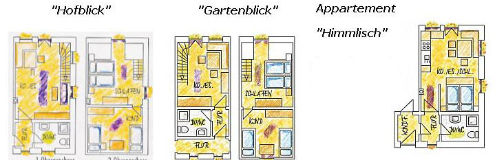 Grundrisse der beiden Fewos und des Appartements