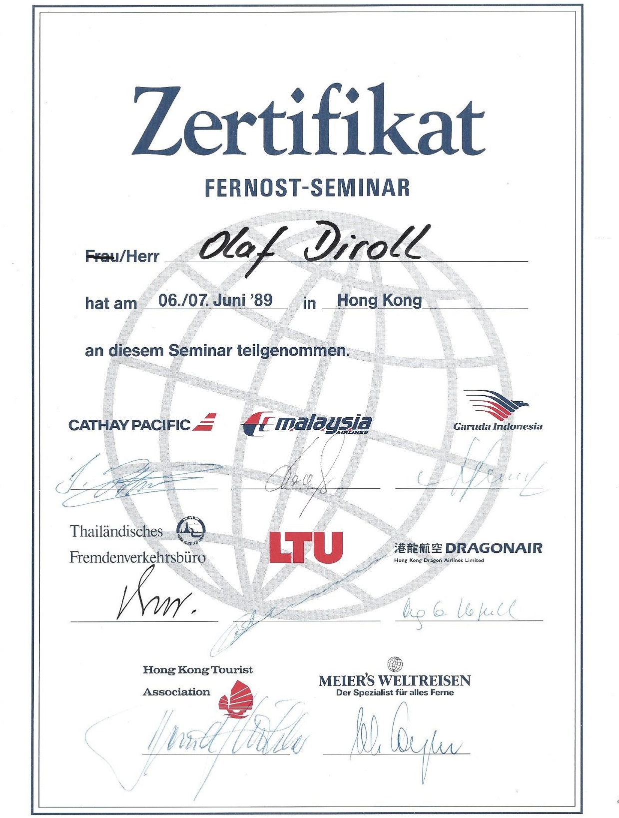 Zertifikat Meiers Weltreisen Fernost-Seminar in Hongkong 1989 für Olaf Diroll - Gründer von Sparta-Wave by Reiselotsen