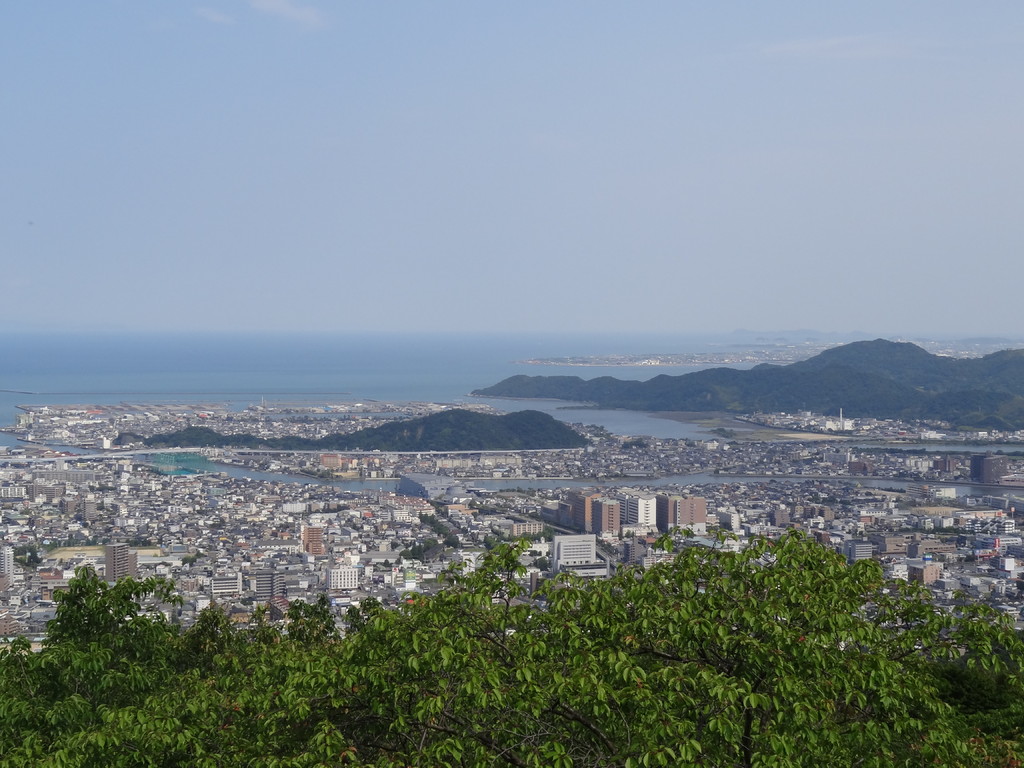 ひょうたん島のような津田山、茶と白い建物は徳島文理大学、その左上グレーの平べったい建物がアスティ徳島