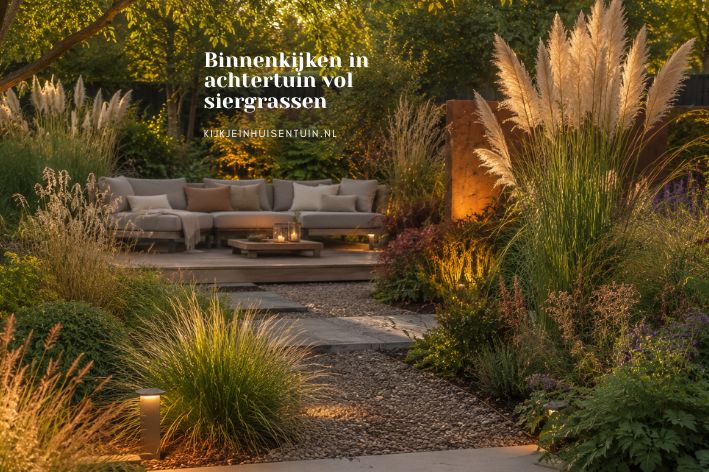 Binnenkijken in achtertuin vol siergrassen
