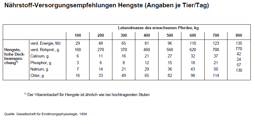 Pferdefütterung, Nährstoffbedarf, tägliche Versorgung eines Hengstes, Energiebedarf, Nährstoffbedarf, Pferd, Hengst